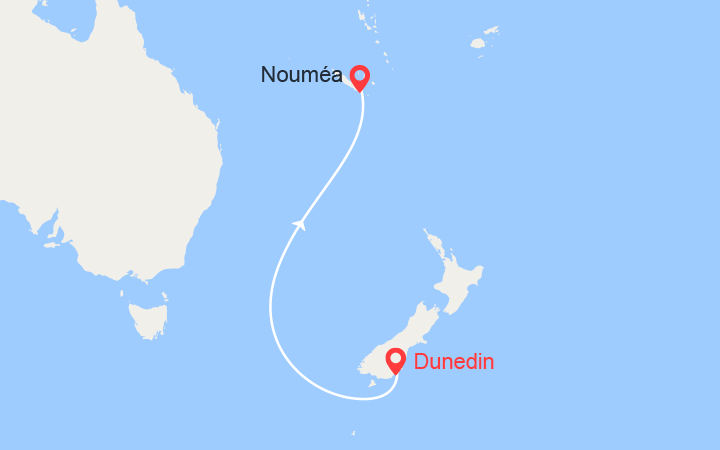Carte itinéraire croisière Voyage en Mer : Dunedin - Noumea
