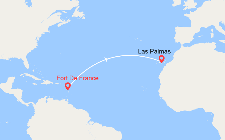 Carte itinéraire croisière Voyage en Mer : Fort de France - Las Palmas
