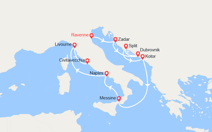 Carte itinéraire croisière Zadar, Dubrovnik, Split, Kotor, Messine, Naples, Florence