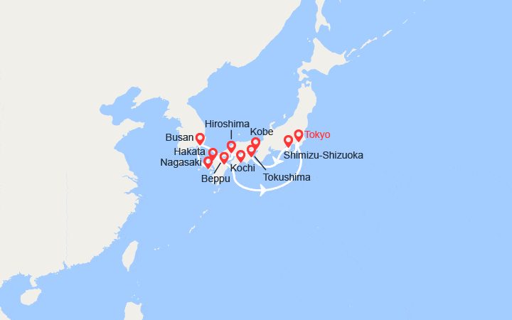 Carte itinéraire croisière Japon, Corée du Sud