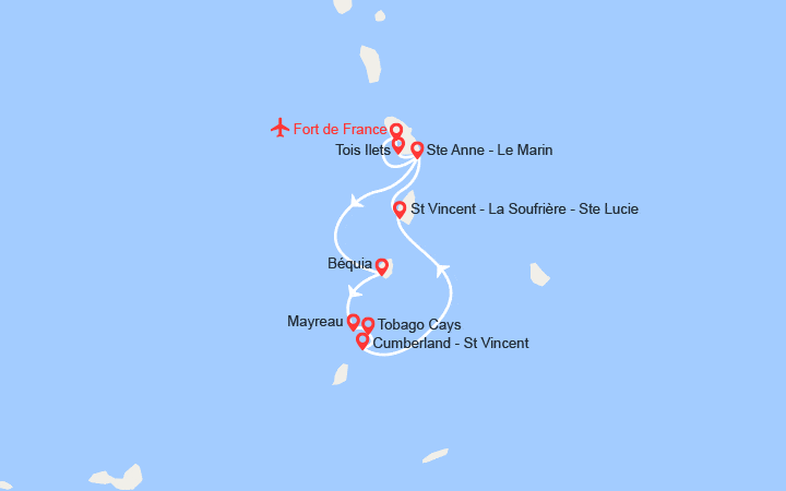 Carte itinéraire croisière A la découverte des Grenadines et extension 3 nuits à l'hôtel Bambou Resort