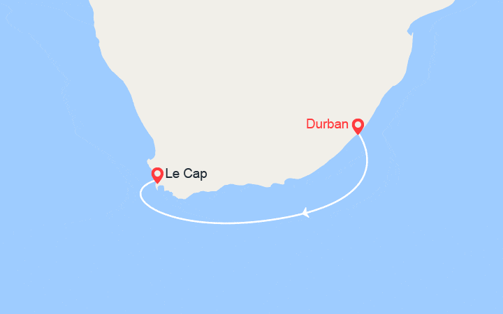 Carte itinéraire croisière Afrique du Sud : de Durban au Cap