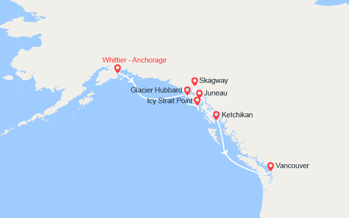 Carte itinéraire croisière Alaska du nord au sud : Glacier Hubbard, Skagway, Juneau, Kechikan...