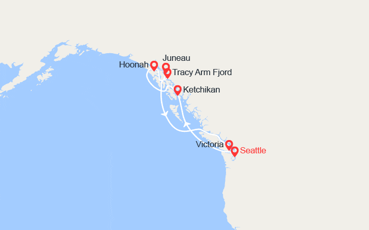 Carte itinéraire croisière Alaska : Ketchikan, Icy Strait Hoonah, Tracy Arm, Juneau, Victoria