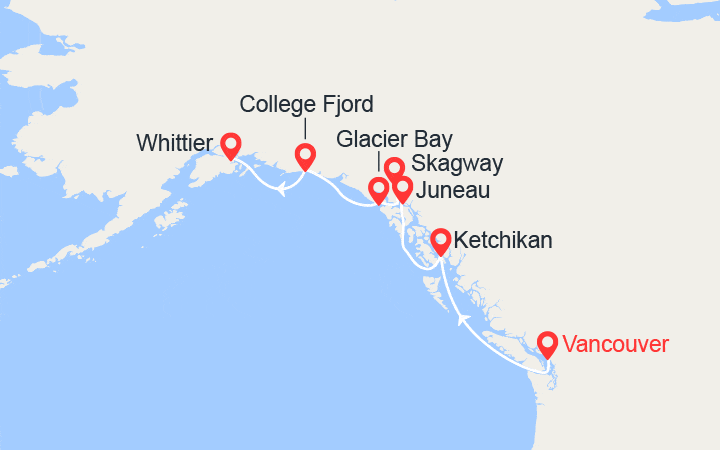 Carte itinéraire croisière Alaska : Ketchikan, Juneau, Skagway, Galcier Bay, College Fjord
