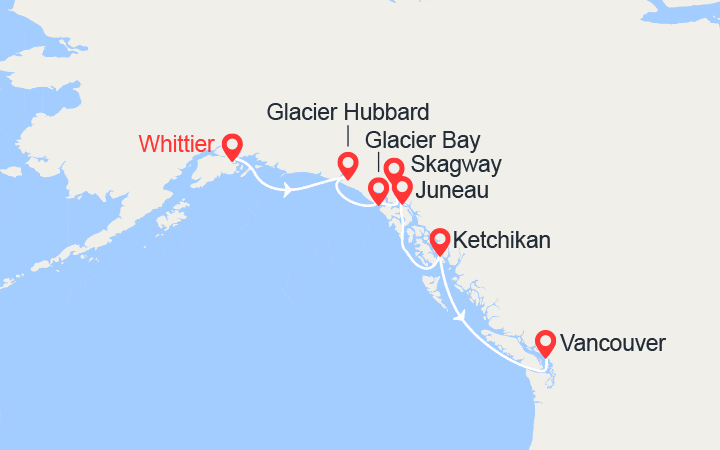 Carte itinéraire croisière Alaska : Skagway, Juneau et Glacier Bay
