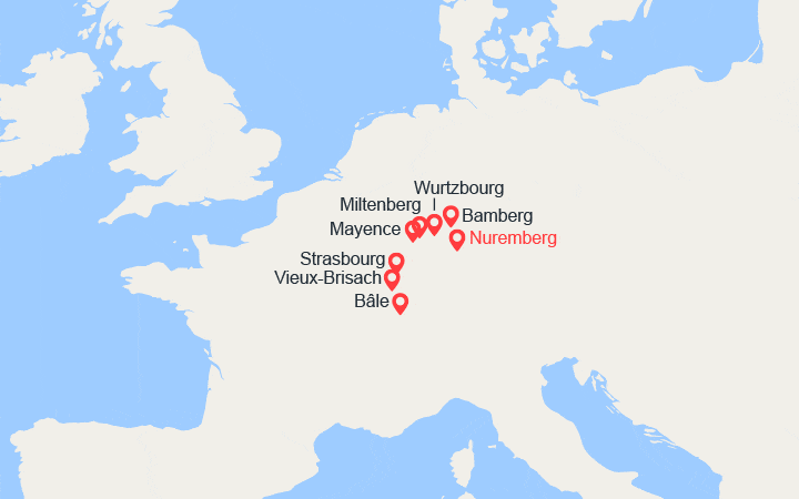 Carte itinéraire croisière Allemagne, France, Suisse