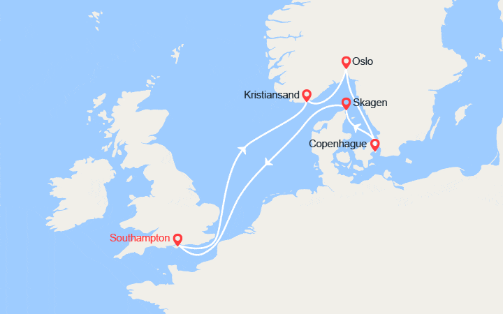 Carte itinéraire croisière Angleterre, Norvège, Danemark