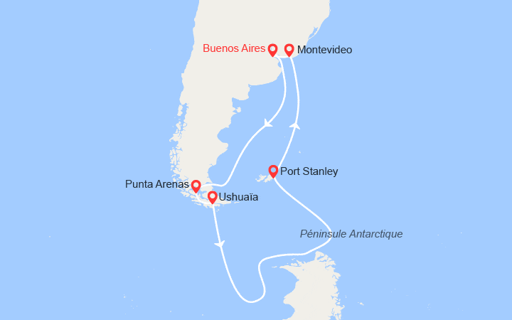Carte itinéraire croisière Antarctique et Patagonie: Argentine, Chili, Ushuaïa, Péninsule Antarctique