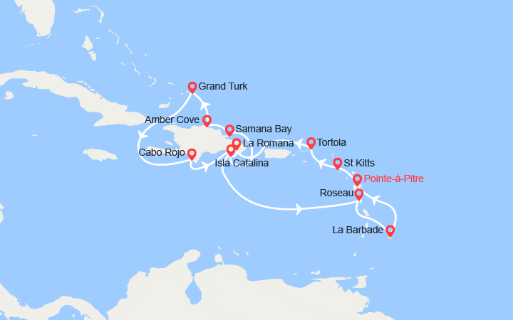 Carte itinéraire croisière Antilles, îles Vierges, Rép. Dominicaine, Dominique, Barbade