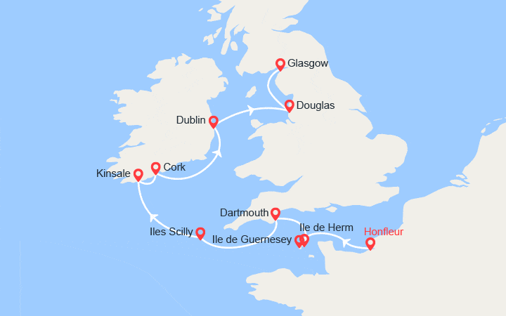 Carte itinéraire croisière Archipels britanniques et rivages celtiques