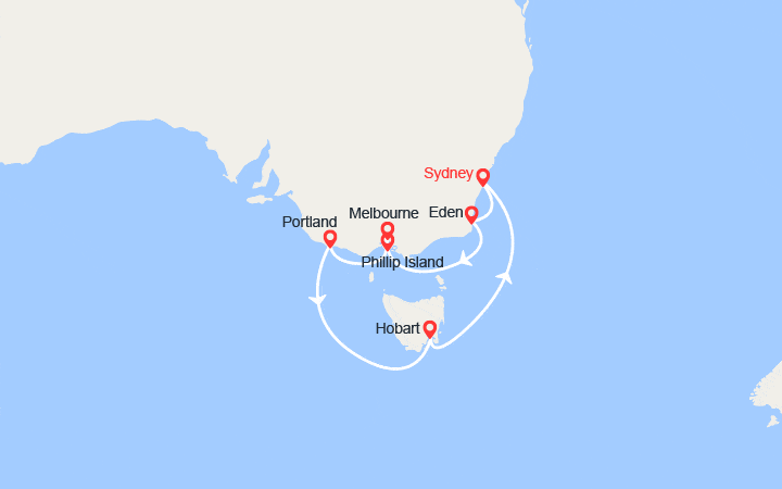 Carte itinéraire croisière Australie : Eden, Melbourne, Portland, Hobart