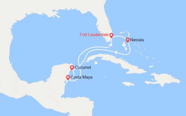 Carte itinéraire croisière Bahamas, Cozumel, Grand Caïman