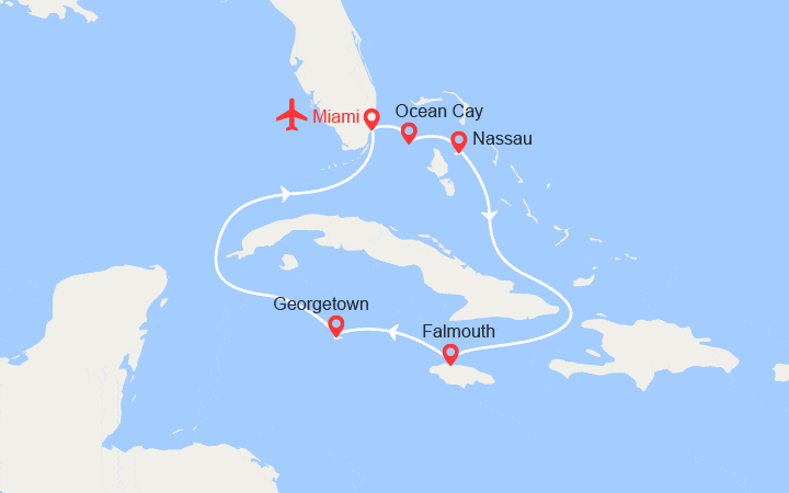 Carte itinéraire croisière Bahamas, Jamaïque, Caïmans - Vols + 1 nuit d'hôtel inclus