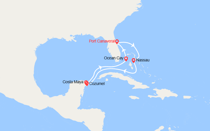 Carte itinéraire croisière Bahamas, Mexique