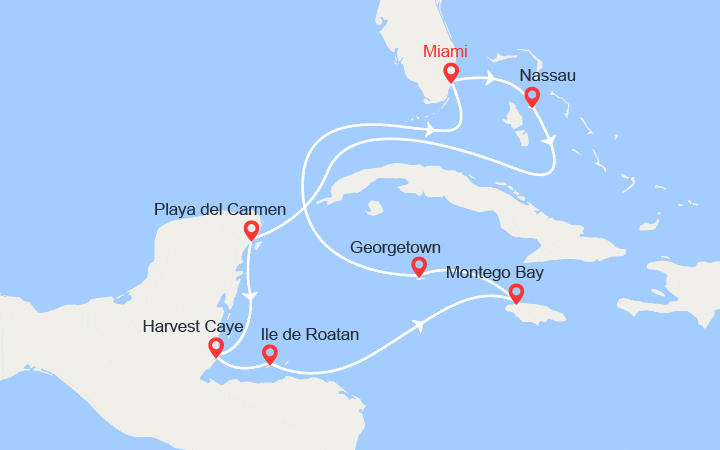 Carte itinéraire croisière Bahamas, Mexique, Belize, Honduras, Jamaïque