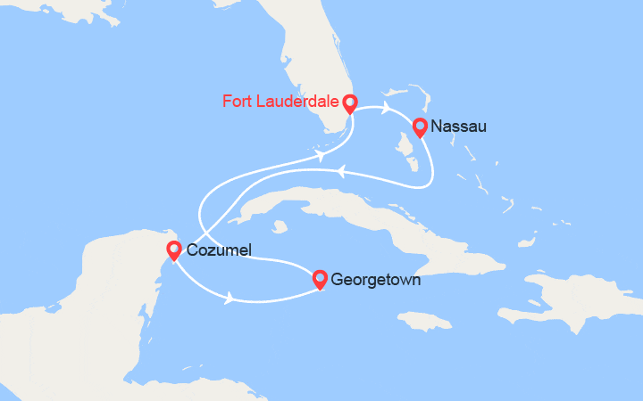 Carte itinéraire croisière Bahamas, Mexique, Iles Caïman