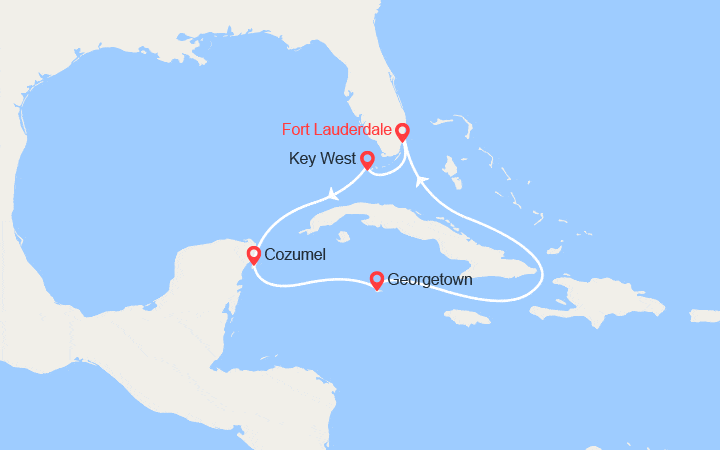 Carte itinéraire croisière Bahamas, Mexique, Iles Cayman