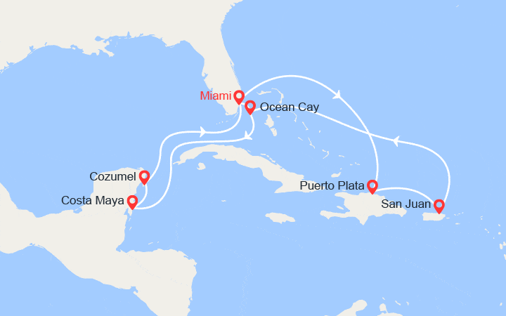 Carte itinéraire croisière Bahamas, Mexique, Rép Dominicaine, Porto Rico