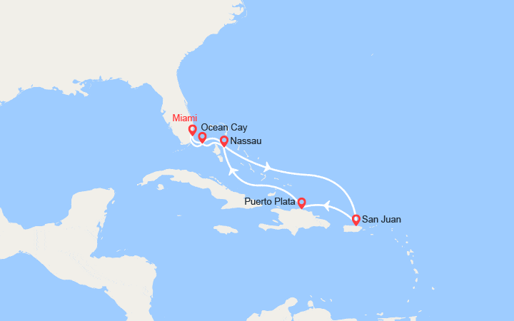 Carte itinéraire croisière Bahamas, Porto Rico, Rép. Dominicaine, Ocean Cay