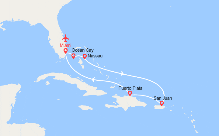 Carte itinéraire croisière Bahamas, Porto Rico, Rép. Dominicaine - Vols + 1 nuit d'hôtel inclus