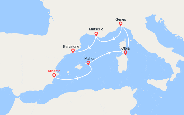 Carte itinéraire croisière Baléares, Italie, Provence