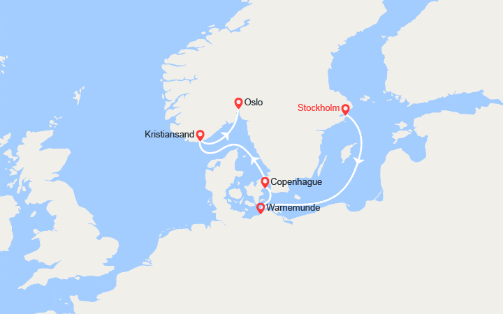 Carte itinéraire croisière Baltique & Scandinavie : Suède, Allemagne, Danemark, Norvège