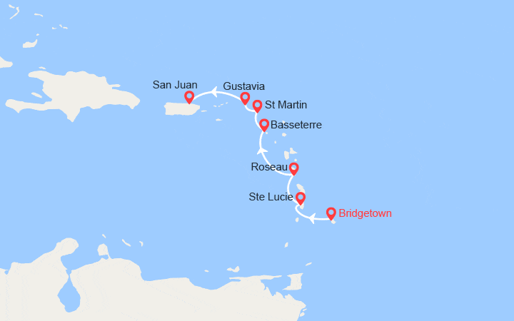 Carte itinéraire croisière Barbade, Ste Lucie, Dominique, St Christophe et Niévès, St Martin, Porto Rico