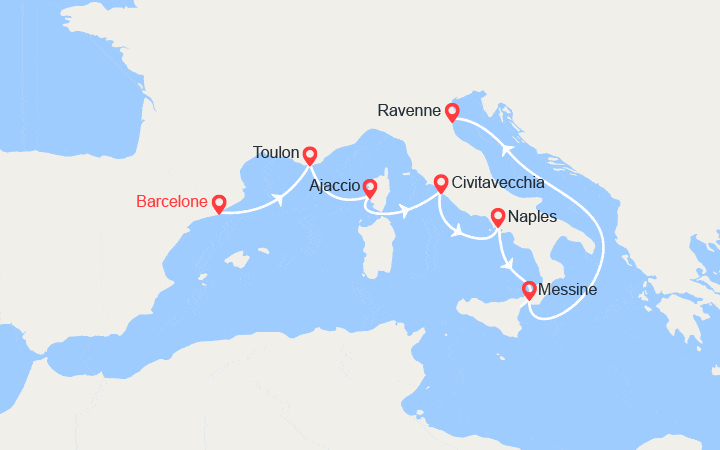 Carte itinéraire croisière Barcelone, Provence, Corse, Italie, Sicile
