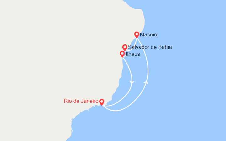 Carte itinéraire croisière Brésil : Salvador, Salvador, Macéio, Ilheus, Rio de Janeiro