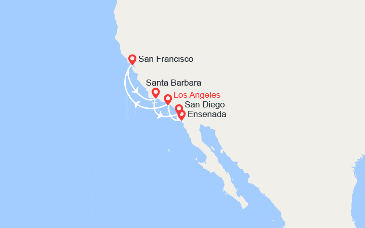 Carte itinéraire croisière Californie & Mexique : San Francisco, Santa Barbara, San Diego, Ensenada