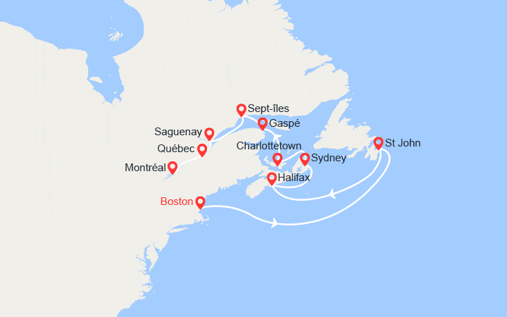 Carte itinéraire croisière Canada atlantique et la côte Nord-Est des États-Unis