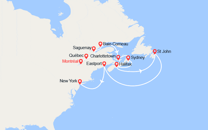 Carte itinéraire croisière Canada, États-Unis