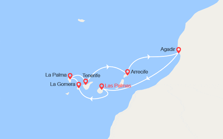 Carte itinéraire croisière Canaries, Espagne, Maroc