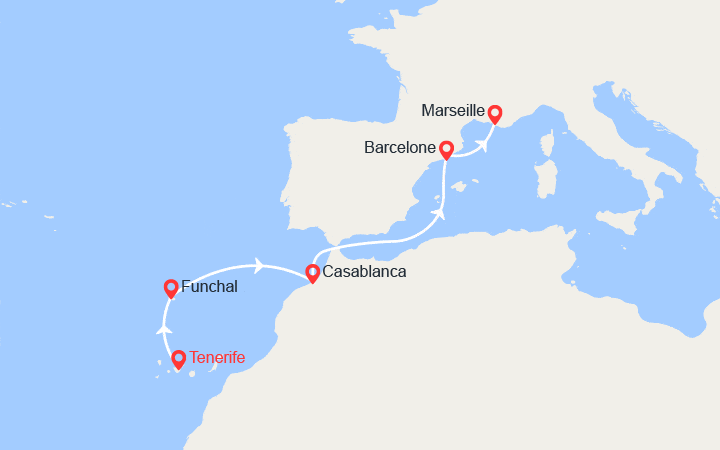 Carte itinéraire croisière Canaries, Madère, Maroc, Espagne, France