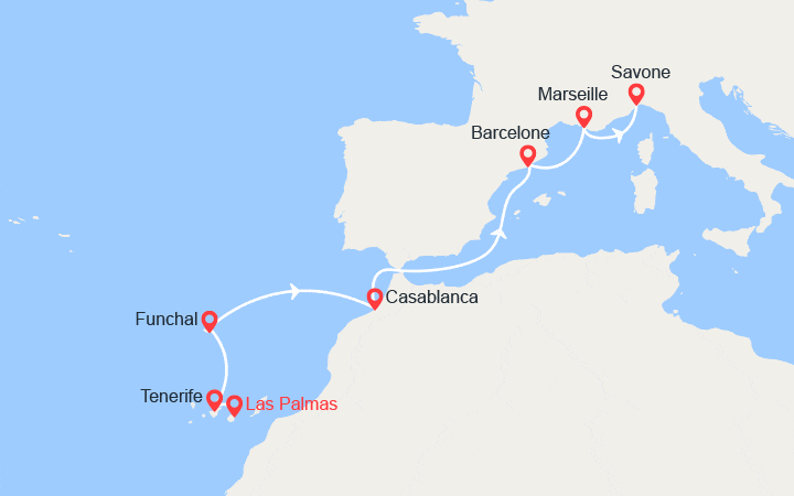 Carte itinéraire croisière Canaries, Madère, Maroc, Espagne, France, Italie