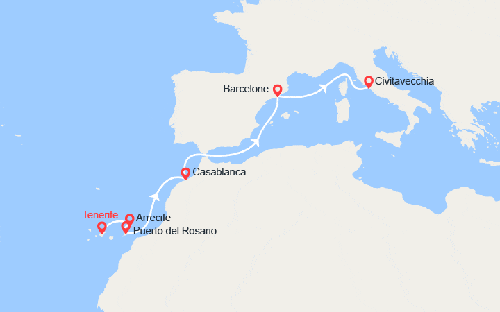 Carte itinéraire croisière Canaries, Maroc, Espagne, Italie...