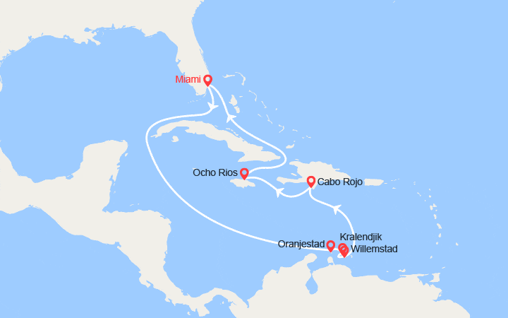 Carte itinéraire croisière Caraïbes : Aruba, Bonaire, Curaçao, Rép. Dominicaine, Jamaïque