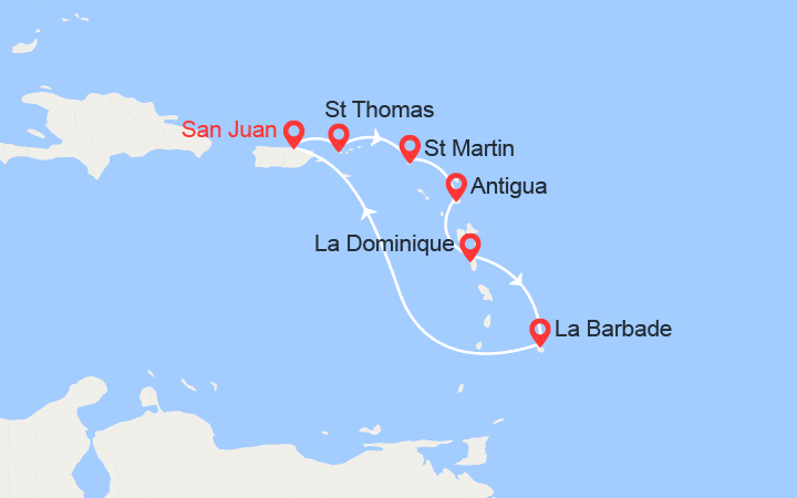 Carte itinéraire croisière Caraïbes du Sud : St Thomas, St Martin, Antigua, Dominique, Barbade