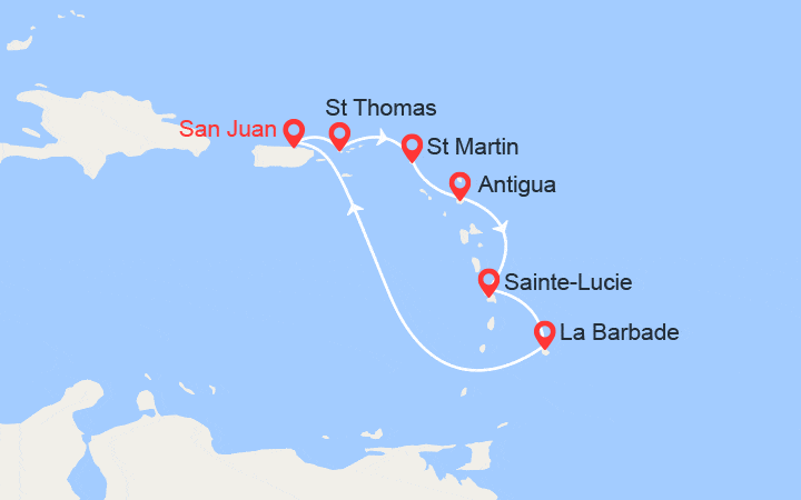 Carte itinéraire croisière Caraïbes du Sud : St Thomas, St Martin, Antigua, Ste Lucie, Barbade