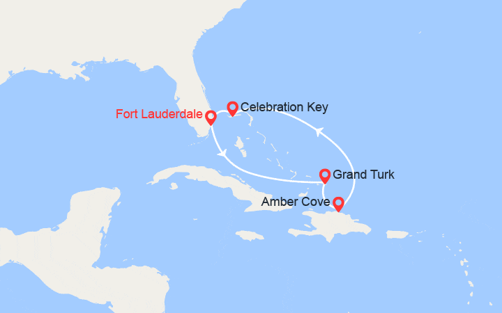 Carte itinéraire croisière Caraïbes Est : Grand Turk, Rép Dominicaine, Bahamas
