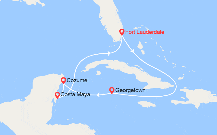 Carte itinéraire croisière Caraïbes : Grand Cayman, Cozumel, Costa Maya
