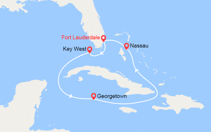 Carte itinéraire croisière Caraïbes : Key West, Grand Cayman,Bahamas, Nassau