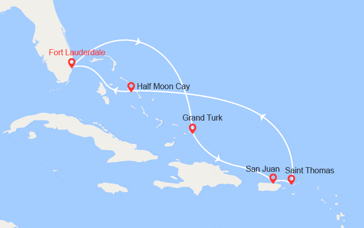 Carte itinéraire croisière Caraïbes Orientales : Turk & Caicos, Porto Rico, St Thomas, Bahamas
