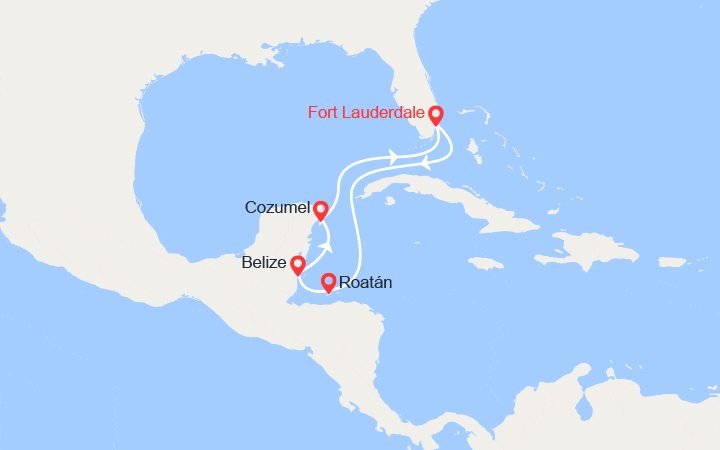 Carte itinéraire croisière Caraïbes Ouest : Honduras, Belize, Cozumel