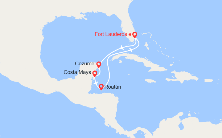 Carte itinéraire croisière Caraïbes Ouest : Mexique, Honduras