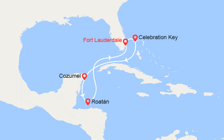 Carte itinéraire croisière Caraïbes Ouest : Princess Cays, Mexique, Honduras