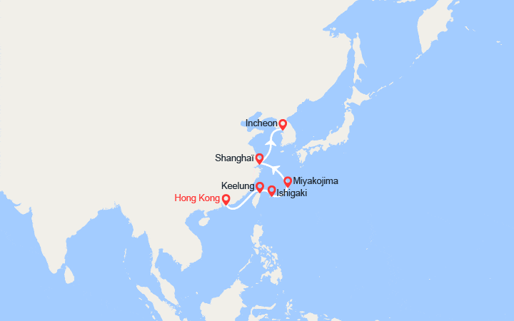 Carte itinéraire croisière Chine, Taïwan, Japon, Corée du Sud