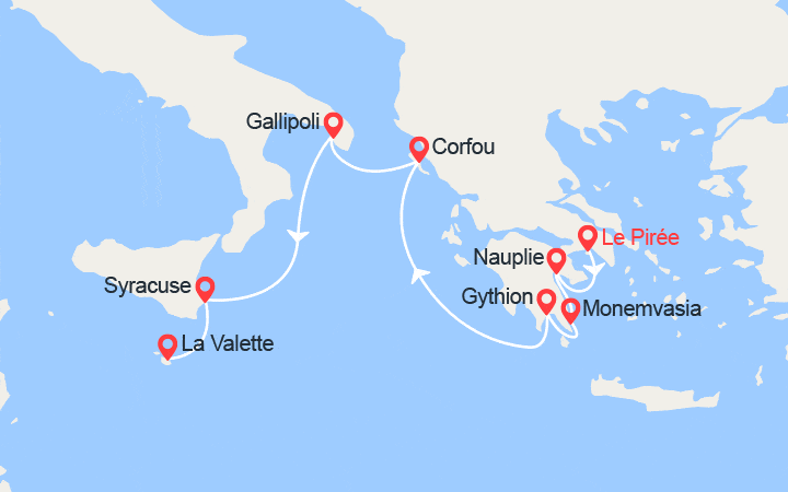 Carte itinéraire croisière Cités antiques de Méditerranée