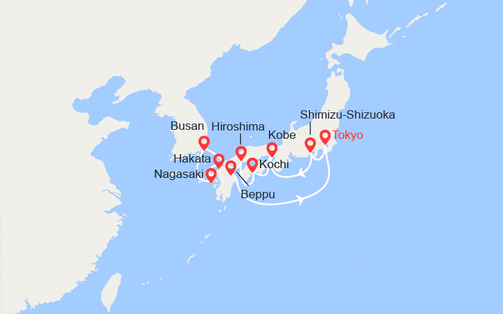 Carte itinéraire croisière Corée du Sud, Japon